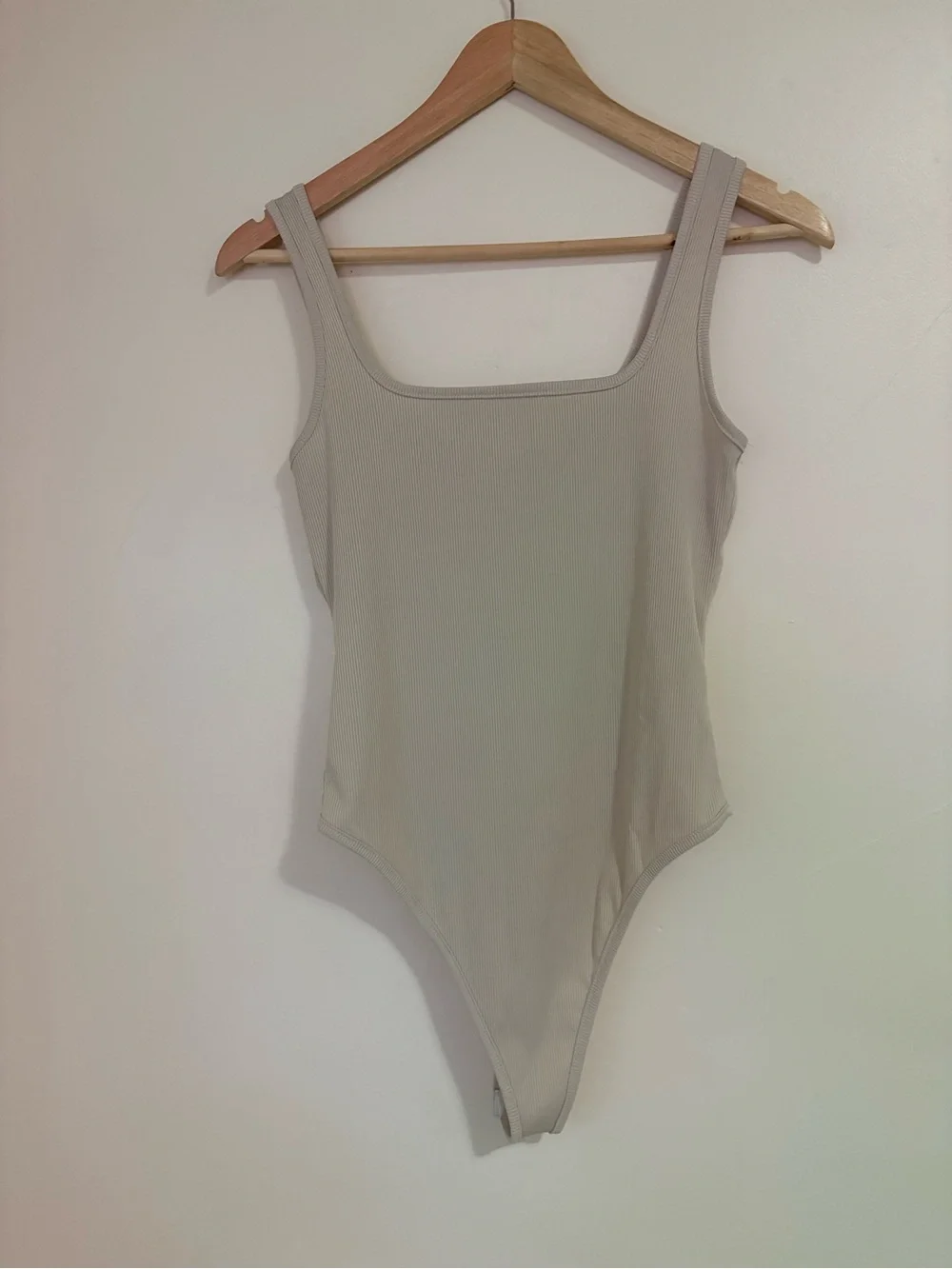Simple Basic Cream Ribbed One-Piece Bodysuit With Square Neckline - Medium